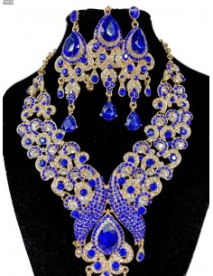 Parure Bijoux indiens Paon bleu royal et doré  - 1 2