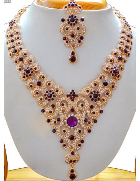 Parure Bijoux indiens Meena violet et doré  - 3