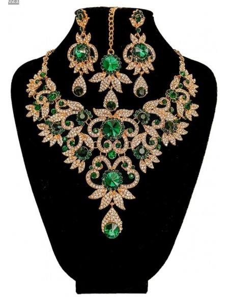 Parure bijoux indiens Bollywood vert émeraude et doré  - 2