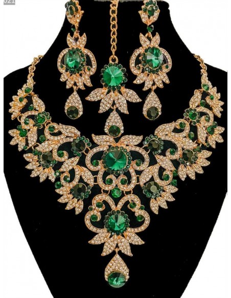 Parure bijoux indiens Bollywood vert émeraude et doré  - 3
