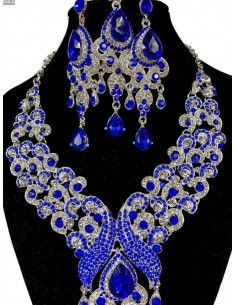 Parure Bijoux indiens Paon argenté et bleu royal  - 1 2