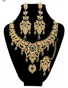 Parure bijoux indiens Maharani doré et vert émeraude bollywood  - 1 2