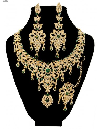 Parure bijoux indiens Maharani doré et vert émeraude bollywood  - 2