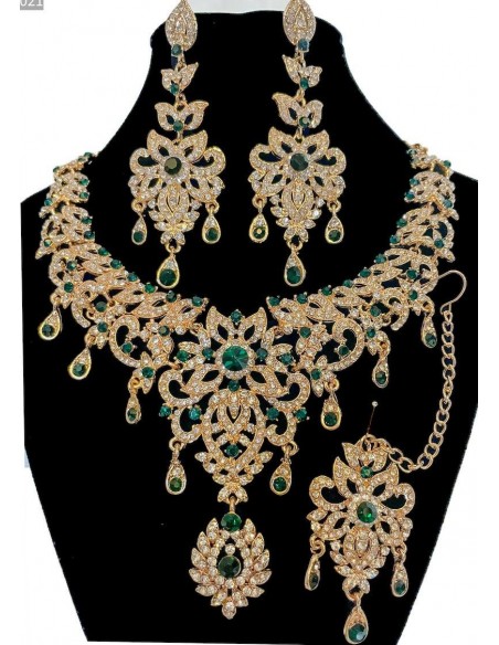 Parure bijoux indiens Maharani doré et vert émeraude bollywood  - 3