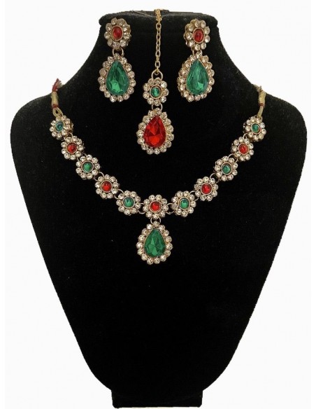 Parure Bijoux indienne Esha Rouge & Vert  - 1
