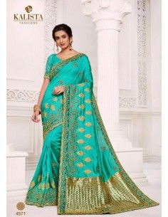 Sari indien Kalista bleu turquoise et dore  - 1