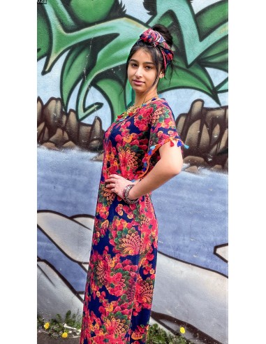 caftan ethnique tunique indienne motif fleuris pampille multicolore  - 2