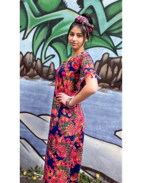 caftan ethnique tunique indienne motif fleuris pampille multicolore  - 2