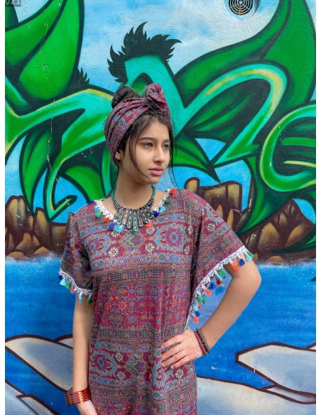 caftan ethnique tunique indienne motif géométrique pampille multicolore  - 4