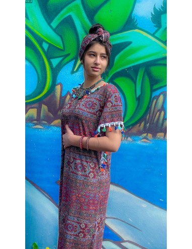 caftan ethnique tunique indienne motif géométrique pampille multicolore  - 2