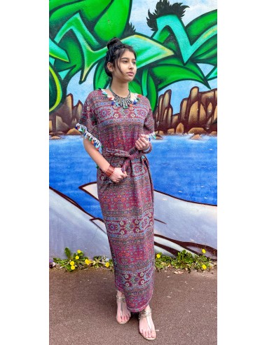 caftan ethnique tunique indienne motif géométrique pampille multicolore  - 3
