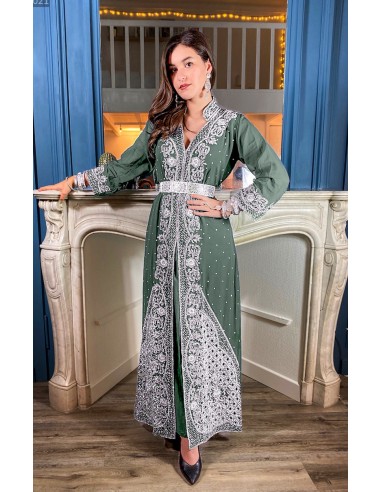 Robe indienne de Soirée vert kaki & argenté  - 1