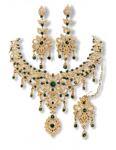 Parure bijoux indiens Maharani doré et vert émeraude bollywood  - 1