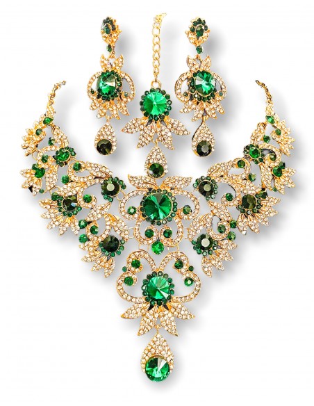 Parure bijoux indiens Bollywood vert émeraude et doré  - 1