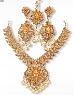 Parure Bijoux indiens Bollywood ambré perlé  - 1