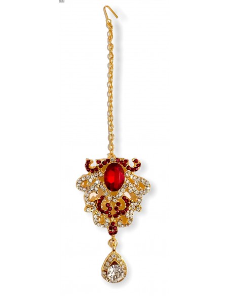 Maang Tikka (Bijoux tête) rouge et doré  - 1