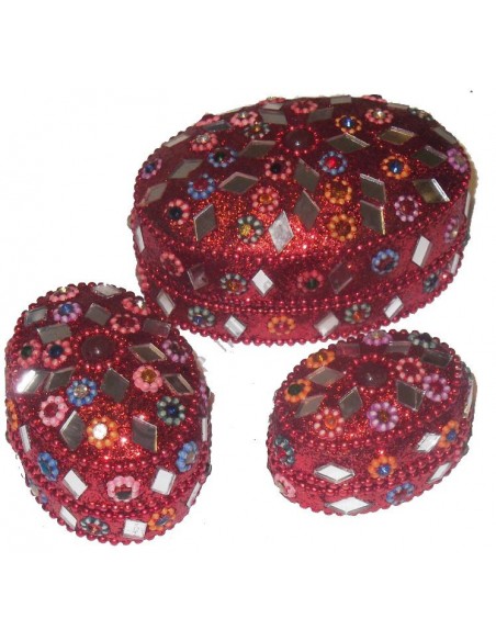 Set Pot à bijoux 3 Pièces Pailleté Ovale Rouge Bazar indien