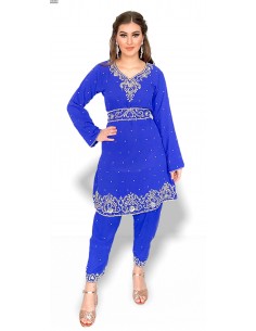 Tenue indienne Salwar Kameez shebaz bleu royal et argenté  - 1