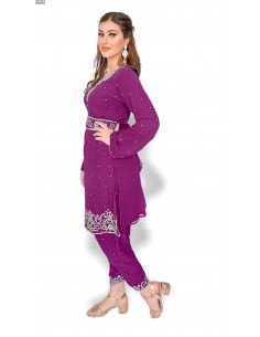 Tenue indienne Salwar Kameez Shebaz violet prune et argenté  - 1 2
