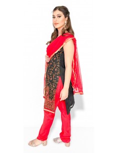 Robe indienne Churidar Salwar Kameez rouge noir AV21  - 1 2