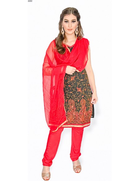 Robe indienne Churidar Salwar Kameez rouge noir AV21  - 1