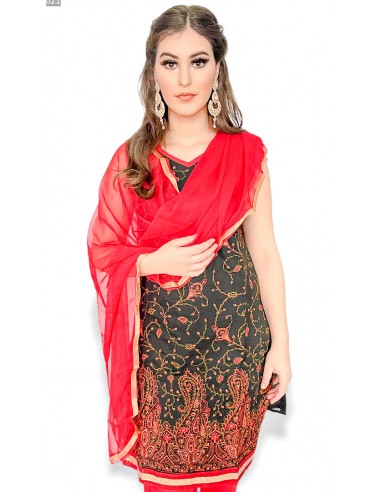 Robe indienne Churidar Salwar Kameez rouge noir AV21  - 3