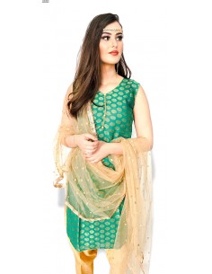 Tenue indienne Salwar Kameez Banarsi Vert et dorée  - 1 2