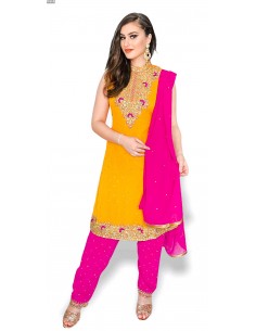 Robe indienne Salwar Kameez perlé Jaune et rose  - 1