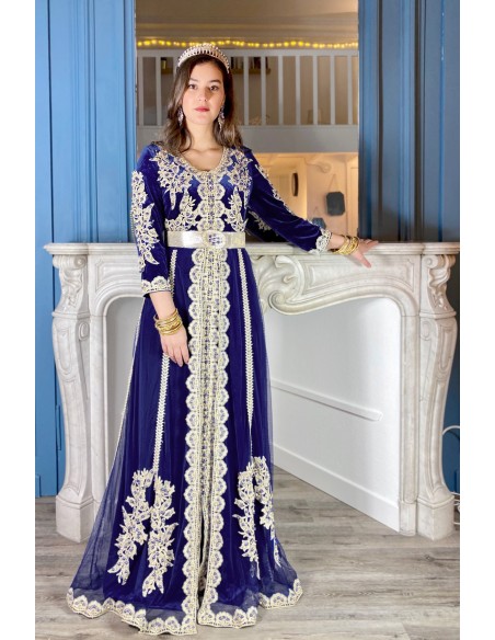 Caftan velours et dentelle bleu marine  - 1