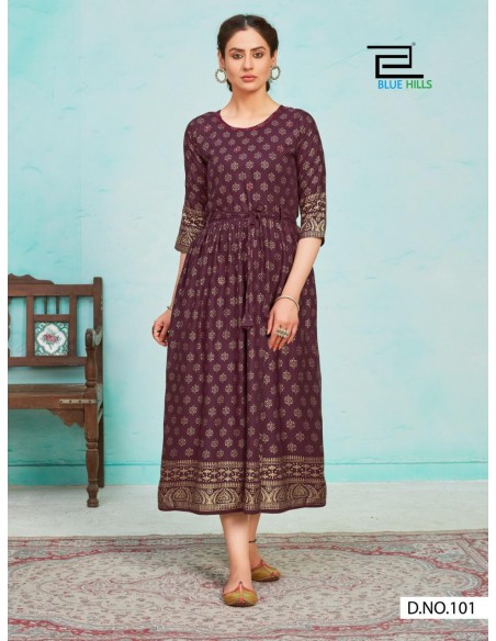 Tunique indienne longue Kurti Blue Hills ethnique Prune  - 1
