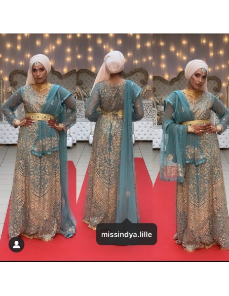 Robe de Soirée bleu turquoise Manche longue  - 1