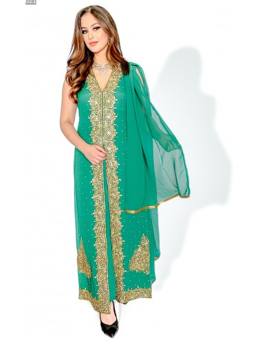 Robe indienne de Soirée Vert et dore  - 1