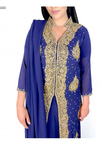 Robe indienne de Soirée dhamak Bleu marine et doré AV21  - 2