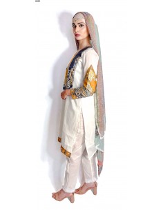Tenue indienne Salwar Kameez Churidar Anarkali Rouk gris blanc  - 1 2