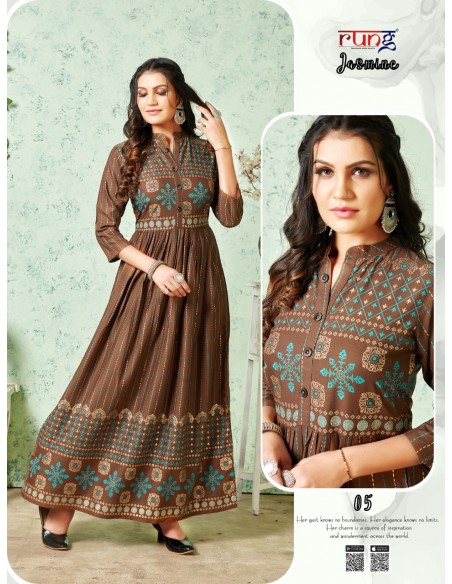 Tunique indienne longue Kurti Jasmine ethnique marron  - 1