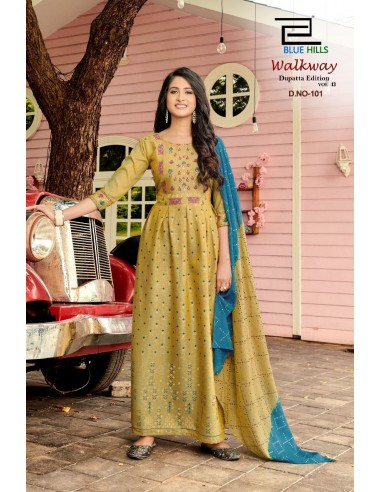 Tunique robe indienne longue Kurti walkway vert anis  - 1