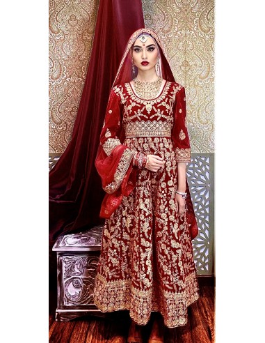 Robe indienne Brodé Haute Gamme Gulkand Rouge dore  - 1