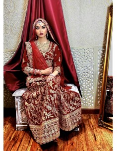 Robe indienne Brodé Haute Gamme Gulkand Rouge dore  - 1 2