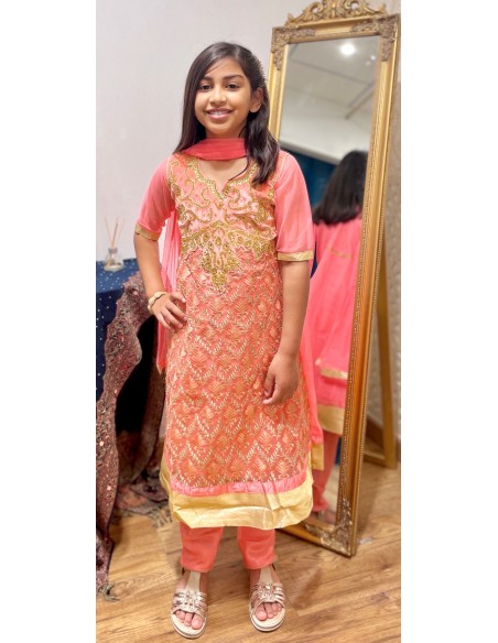 Robe indienne fille Salwar Kameez Amrita Corail et doré  - 1