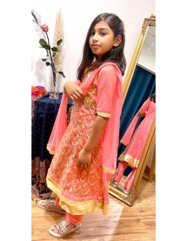 Robe indienne fille Salwar Kameez Amrita Corail et doré  - 3