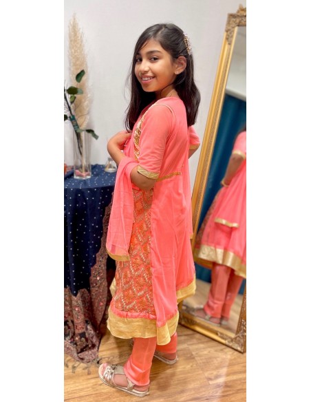 Robe indienne fille Salwar Kameez Amrita Corail et doré  - 4