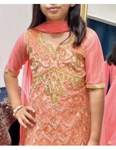 Robe indienne fille Salwar Kameez Amrita Corail et doré  - 1 2