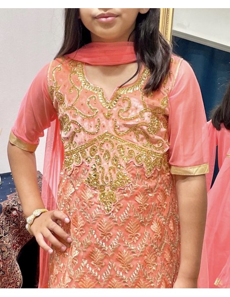 Robe indienne fille Salwar Kameez Amrita Corail et doré  - 2