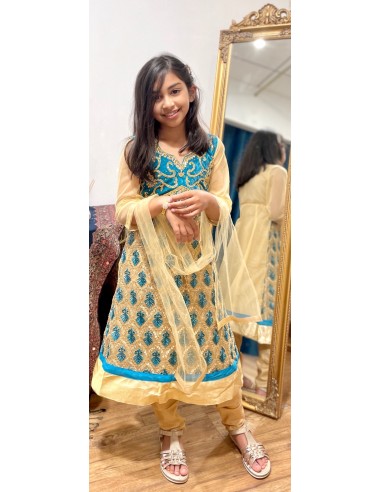Tenue indienne fille Salwar Kameez Amrita Bleu turquoise et doré  - 1