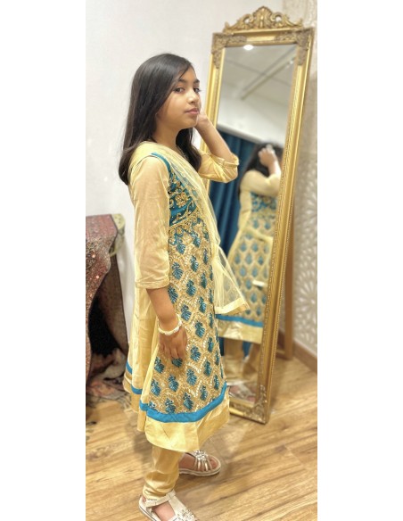 Tenue indienne fille Salwar Kameez Amrita Bleu turquoise et doré  - 2