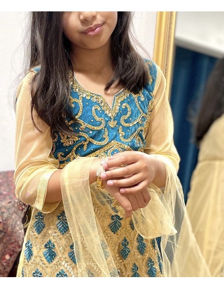 Tenue indienne fille Salwar Kameez Amrita Bleu turquoise et doré  - 3