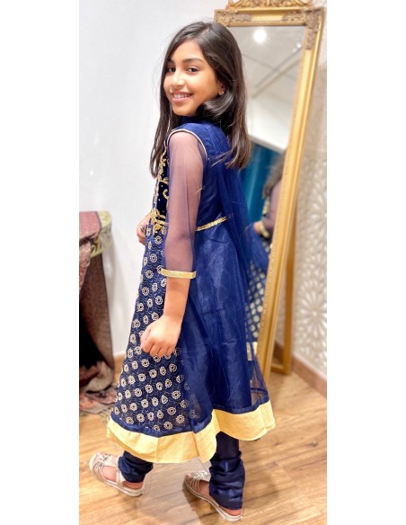 Robe indienne enfant fille churidar Amrita Bleu et doré  - 2