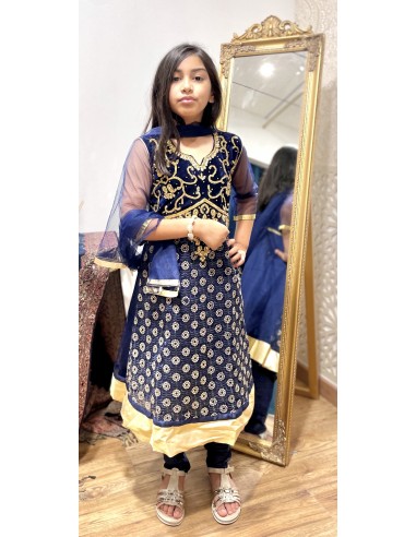 Robe indienne enfant fille churidar Amrita Bleu et doré  - 1