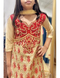 Tenue indienne enfant fille churidar Amrita Rouge et doré  - 1 2