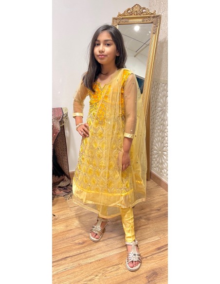 Robe indienne enfant fille churidar Amrita Jaune et doré  - 1